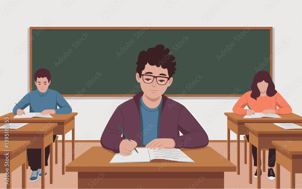 Focused Students Taking an Exam in a Classroom Setting Illustration