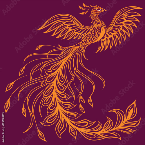 Mythical Gold Phoenix Line Art On Dark Red Background With Rising Flames And Flowing Feathers For Luxury Brand And Spiritual Applications
