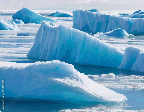 Illustration of icebergs and crystals in the sea