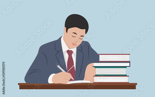 Focused Student Writing Notes with Books on Desk Illustration