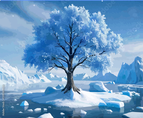 Illustration of an iceberg and tree crystal scene