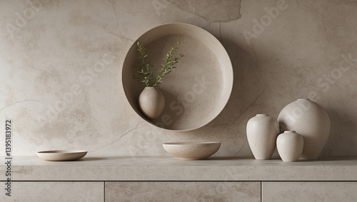 Minimalist Arrangement Vases And Pottery Against A Textured Wall For Home Decor