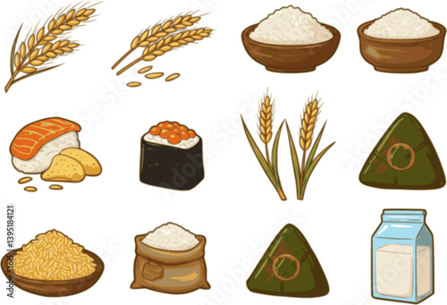 Rice cereal spikelets icon set. Vector cartoon collection of organic rice products: flour, sushi, mochi, noodles, bread, chips, zongzi, rice bags and milk. Rice plantation. Agricultural product