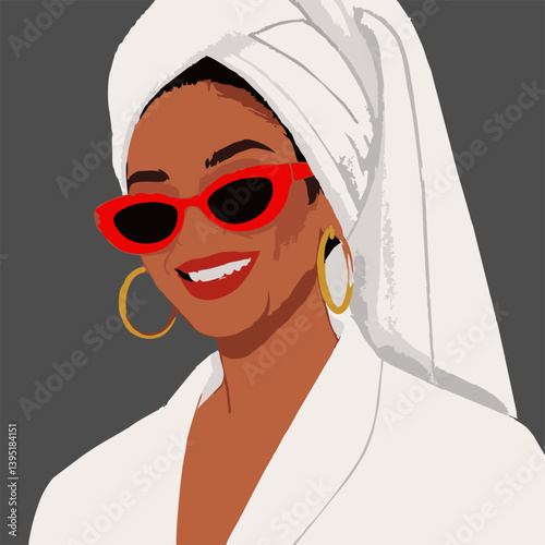 Illustration of a beautiful woman wearing stylish sunglasses wearing a white bathrobe and a towel wrapped around her body