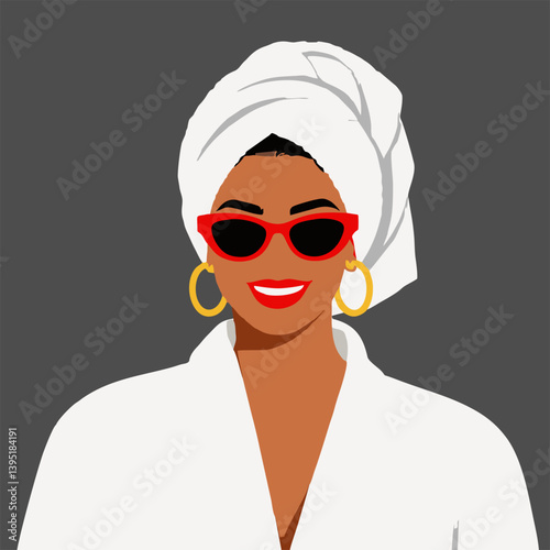 Illustration of a beautiful woman wearing stylish sunglasses wearing a white bathrobe and a towel wrapped around her body