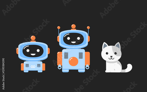 Cute Robots with Cat Cartoon Character Design on dark background