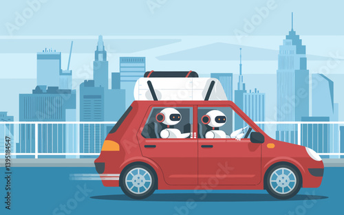 Robots road trip in red car with roof rack, cityscape background