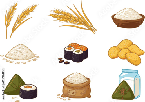 Rice cereal spikelets icon set. Vector cartoon collection of organic rice products: flour, sushi, mochi, noodles, bread, chips, zongzi, rice bags and milk. Rice plantation. Agricultural product
