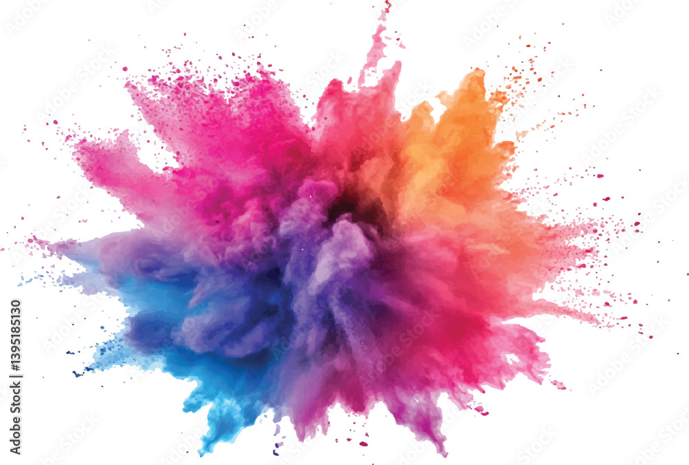A burst of colorful powder creates a beautiful, vivid display against a bright white background, A photo of colorful bright rainbow holi paint color powder explosion isolated on white background.