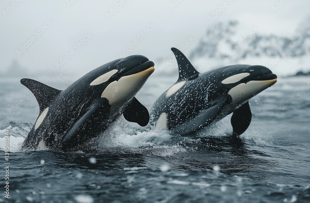 Fototapeta premium Orcas leaping viewed through a boat door, snowy mountains in background