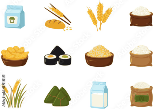 Rice cereal spikelets icon set. Vector cartoon collection of organic rice products: flour, sushi, mochi, noodles, bread, chips, zongzi, rice bags and milk. Rice plantation. Agricultural product