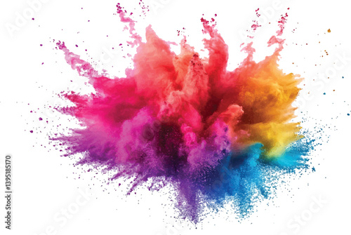 A burst of colorful powder creates a beautiful, vivid display against a bright white background, A photo of colorful bright rainbow holi paint color powder explosion isolated on white background.	