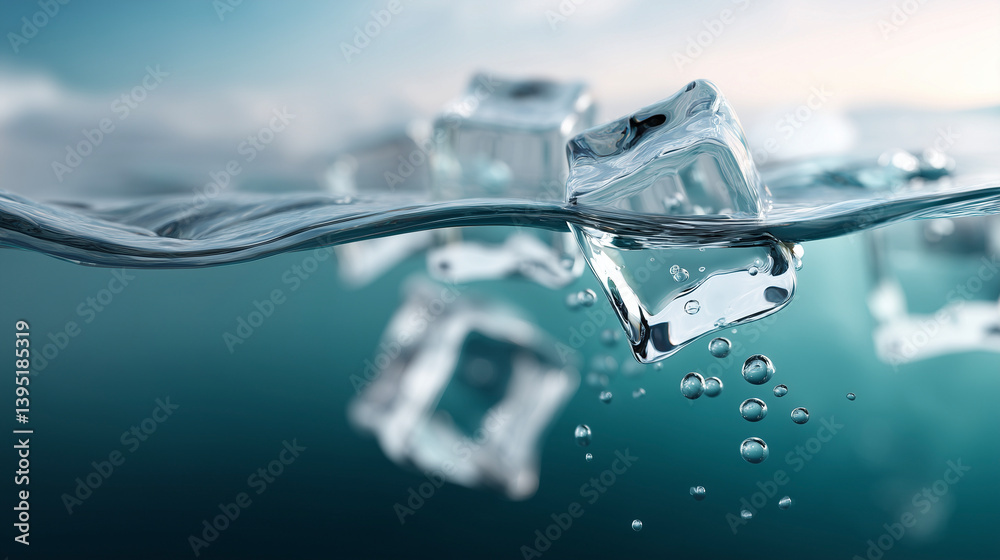 Ice Cubes Floating in Clear Water with Bubbles Ice Cubes Floating in Clear Water with Bubbles
