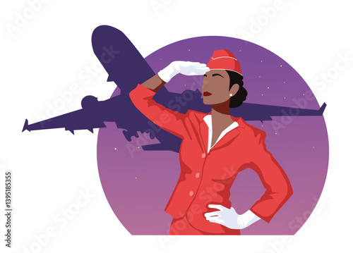 A flight attendant Stewardess on a pink background of the sky and the silhouette of an airplane, vector graphics on an isolated background