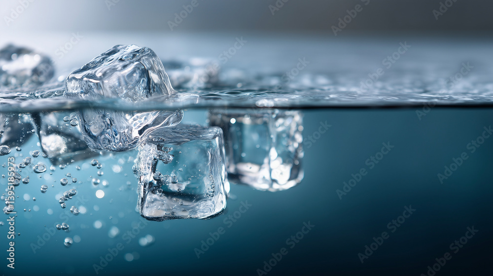 Ice Cubes Floating in Clear Water with Bubbles Ice Cubes Floating in Clear Water with Bubbles