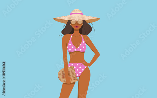 Elegant woman in pink bikini, summer straw hat, and beach bag illustration