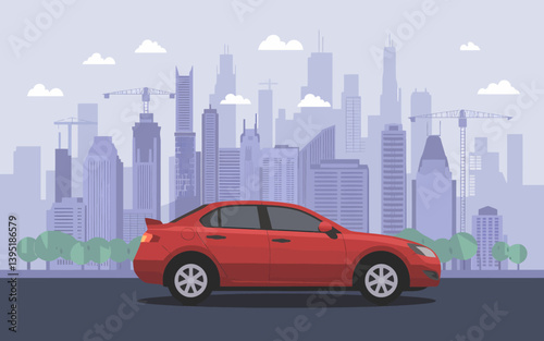 Red car riding in the city, flat vector illustration