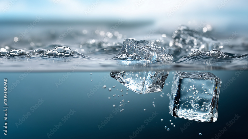 Ice Cubes Floating in Clear Water with Bubbles Ice Cubes Floating in Clear Water with Bubbles