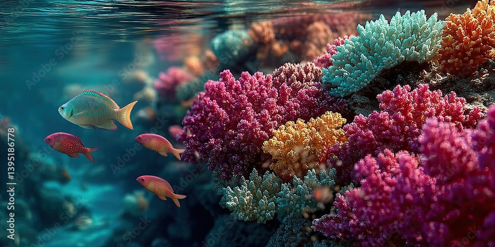 Fototapeta premium Underwater tropical coral reef with colorful sea fish. Marine flora and fauna.