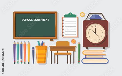 Colorful School Supplies Flat Vector Illustration with Clock and Blackboard