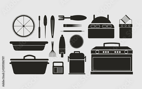 Monochrome Kitchenware Silhouette Set: Utensils and Appliances Vector Design