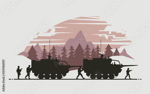 Military Tanks Silhouette Landscape Vector Illustration
