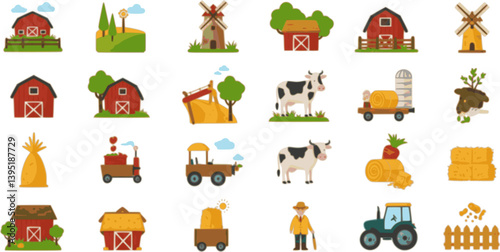 Farmers set. Vector icon set of farm rural buildings with animals, vegetables, farmhouse, tractor, windmill, fence, livestock, bale of hay. Local product. Agriculture and farming concept. Village life