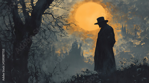 Cloaked shadows of an obscure spy in a vague night. Obscured Echo. Illustration