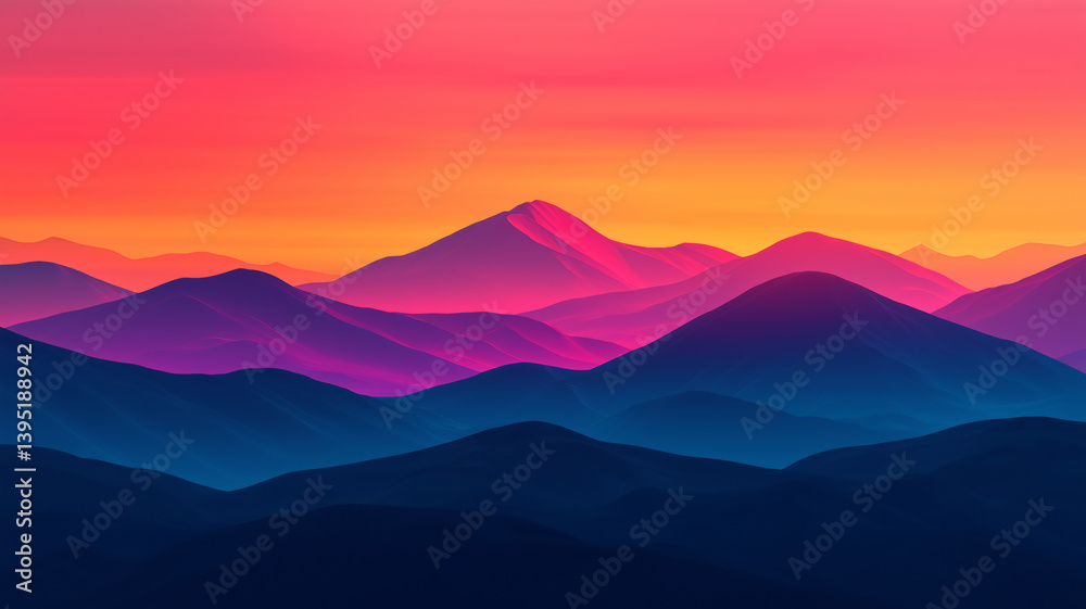 Fototapeta premium Vibrant abstract mountain landscape at sunrise with vivid pink, orange, and blue gradients, evoking surreal beauty, energy, and creativity in a minimalist composition