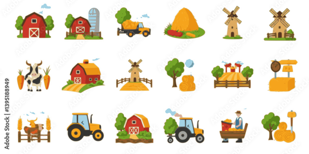 Obraz premium Farmers set. Vector icon set of farm rural buildings with animals, vegetables, farmhouse, tractor, windmill, fence, livestock, bale of hay. Local product. Agriculture and farming concept. Village life