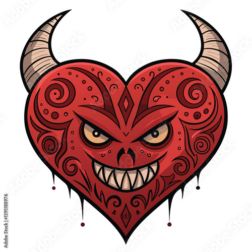 Design a vector graphic of a horned monster's heart, featuring bold, impactful strokes and vibrant color.  Ensure a striking, stylized aesthetic.
