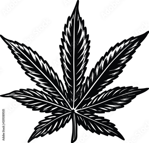 Green cannabis leaf vector illustration isolated on white, representing marijuana, hemp, a medicinal herb
