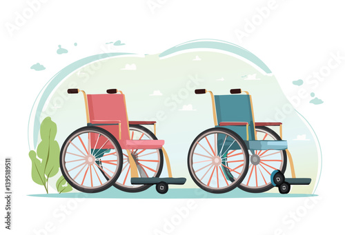 Two Wheelchairs Pixel Art Illustration: Pink and Teal Accessibility Design
