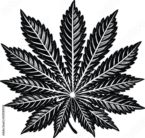 Green cannabis leaf vector illustration isolated on white, representing marijuana, hemp, a medicinal herb