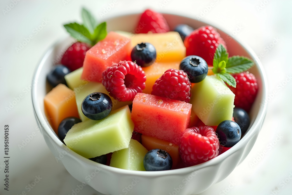 Vibrant and Refreshing Fruit Salad, A Colorful Mix of Watermelon, Cantaloupe, Honeydew, Blueberries, and Raspberries in a White Bowl, Perfect for Summer Vibrant and Refreshing Fruit Salad, A Colorful Mix of Watermelon, Cantaloupe, Honeydew, Blueberries, and Raspberries in a White Bowl, Perfect for Summer