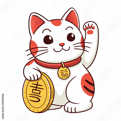 Create a bold vector illustration of a Japanese Maneki-neko lucky cat, emphasizing strong, graphic lines and flat color.  Focus on a stylized, modern design.