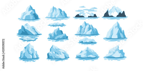 Frozen iceberg set. Vector icon collection of ice floes, glaciers, iceberg pieces floating in ocean, winter ice peak. Global warming, climate change. North sea or arctic ocean. Antarctic rock panorama