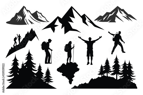 Mountain Hiking Silhouettes Trekkers, Peaks, and Forest Landscape, Black on White