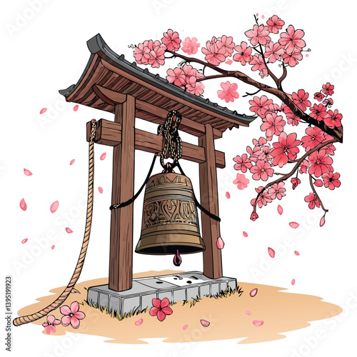 Create a bold, stylized vector illustration of a Japanese temple bell, emphasizing strong lines and graphic shapes.