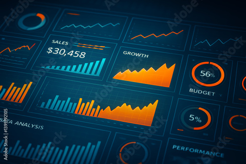 Modern dark-themed business dashboard interface showing financial metrics, sales figures, and growth analytics in vibrant orange and blue for data-driven corporate reporting