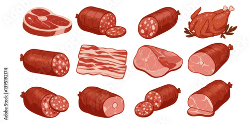 Meat products. Vector icon set of steak, salami, pork bacon, chicken, chorizo, ham, bbq frankfurters sausages, pepperoni. Meat market, butchery menu, shop products, grill bar. Barbecue delicatessen