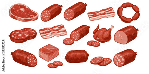 Meat products. Vector icon set of steak, salami, pork bacon, chicken, chorizo, ham, bbq frankfurters sausages, pepperoni. Meat market, butchery menu, shop products, grill bar. Barbecue delicatessen