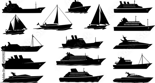 Maritime ships black silhouette. Vector icon set of ship at sea, sail boats, yacht, passenger liner, sailboat, cruiser and cargo ships. Water ocean transport boat in flat style. Sea marine travel