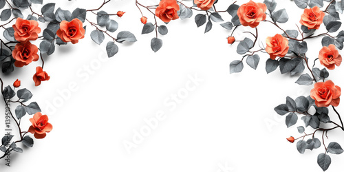 Illustration realistic of black Climbing Roses branch paste on top of frame isolate on pure white background,