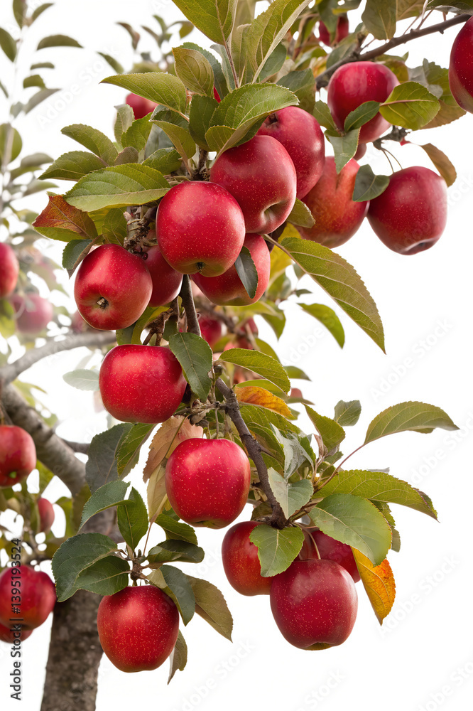 Obraz premium Ripe red apples on branches of an apple tree surrounded by lush green leaves in a natural setting , transparent, apple, tree, ripe, apples, red, green, leaves, orchard, harvest, autumn, nature, 