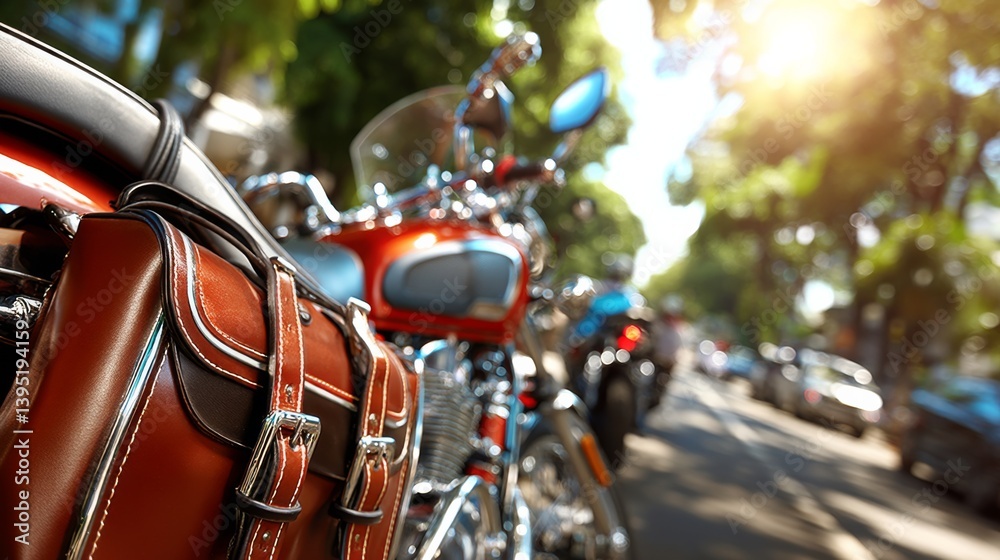 Fototapeta premium A close-up view of a classic motorcycle with a leather saddlebag parked on a sunny street