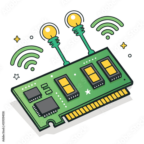 Design a vibrant vector illustration of a LAN card, featuring bold strokes and a glowing effect, emphasizing its technological function.