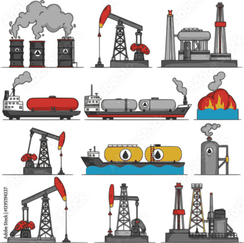 Oil gas industry. Vector set of oil well and rig, extraction production and transportation oil, fuel and petrol in tankers, ships, railways. Barrels,oil pump tower,derrick drilling, water rig platform