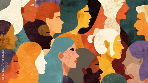 Vibrant and colorful illustration of diverse people from various ethnicities,DEI theme strategy.