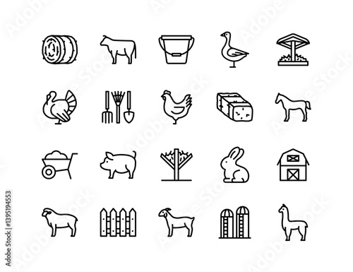 Livestock Farming Vector Icon Set | Adjustable Line Weight | Agriculture, barn, hay, cattle, poultry, sheep, pig, farming tools, feeding, rural life, animal husbandry, farm management icons